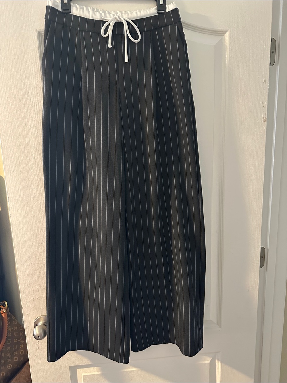 Wide-Leg Dark Gray with White Pinstripe with Side Zipper &Drawstring Trouser